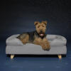 Perro acostado en Omlet espuma de memoria cama de perro con pies cuadrados de madera