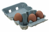 Caja de huevos azul con tres huevos dentro