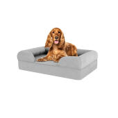 Perro sentado en una cama para perros de espuma con memoria de color gris