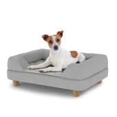 Perro sentado en una pequeña cama para perros Topology con almohadilla gris y patas redondas de madera