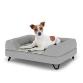 Perro sentado en una pequeña cama para perros Topology con un cojín gris y pies de horquilla de metal negro
