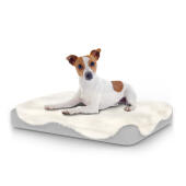 Perro sentado en la pequeña cama para perros Topology con topper de piel de oveja