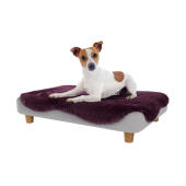 Perro descansando en el Omlet Topology cama para perros con topper de piel de oveja púrpura suave y pies redondos de madera
