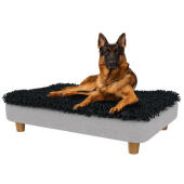 Perro pastor alemán sentado en el gran Topology cama elevada para perros