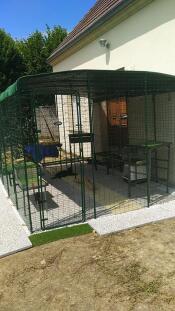 Un gran recinto para gatos con muchas cubiertas para protegerlos del sol, el viento y la lluvia.