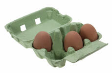Caja de huevos verde con tres huevos