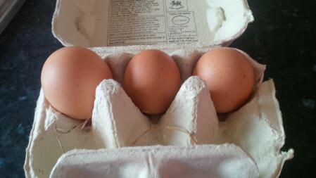 primeros tres huevos - ¡el grande era una yema doble!