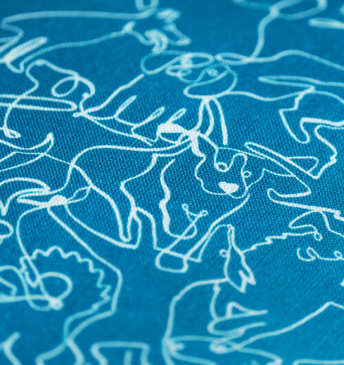 Primer plano de una cama azul para perro dibujada a mano