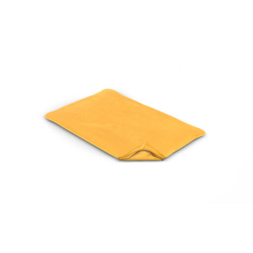 Una funda de bolsa de frijoles amarilla para una cama de espuma de memoria para perros.